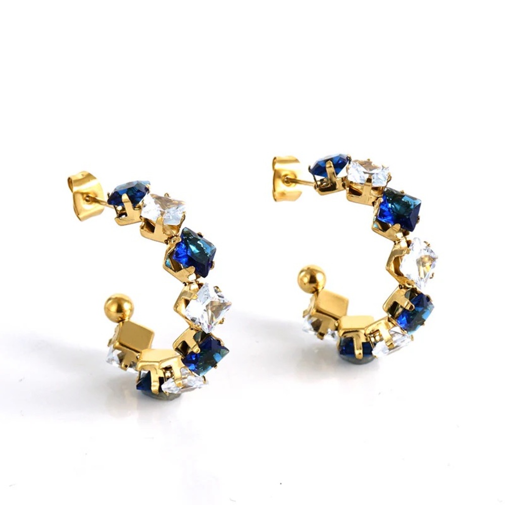 18K Gold Plated Hoop Earrings*Blue White Swarovski Birthstone Crystal Zircon*ZX